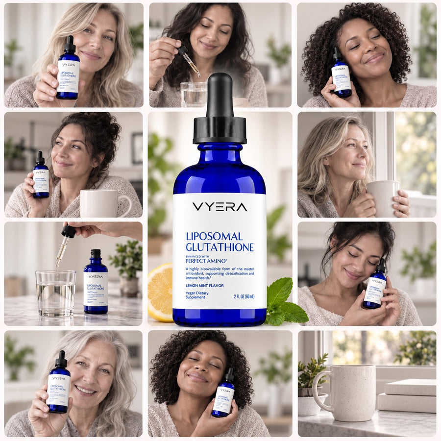 Vyera Liposomal Glutathione bottle surrounded by lifestyle scenes of women holding the bottle, a dropper over water, lemon and mint